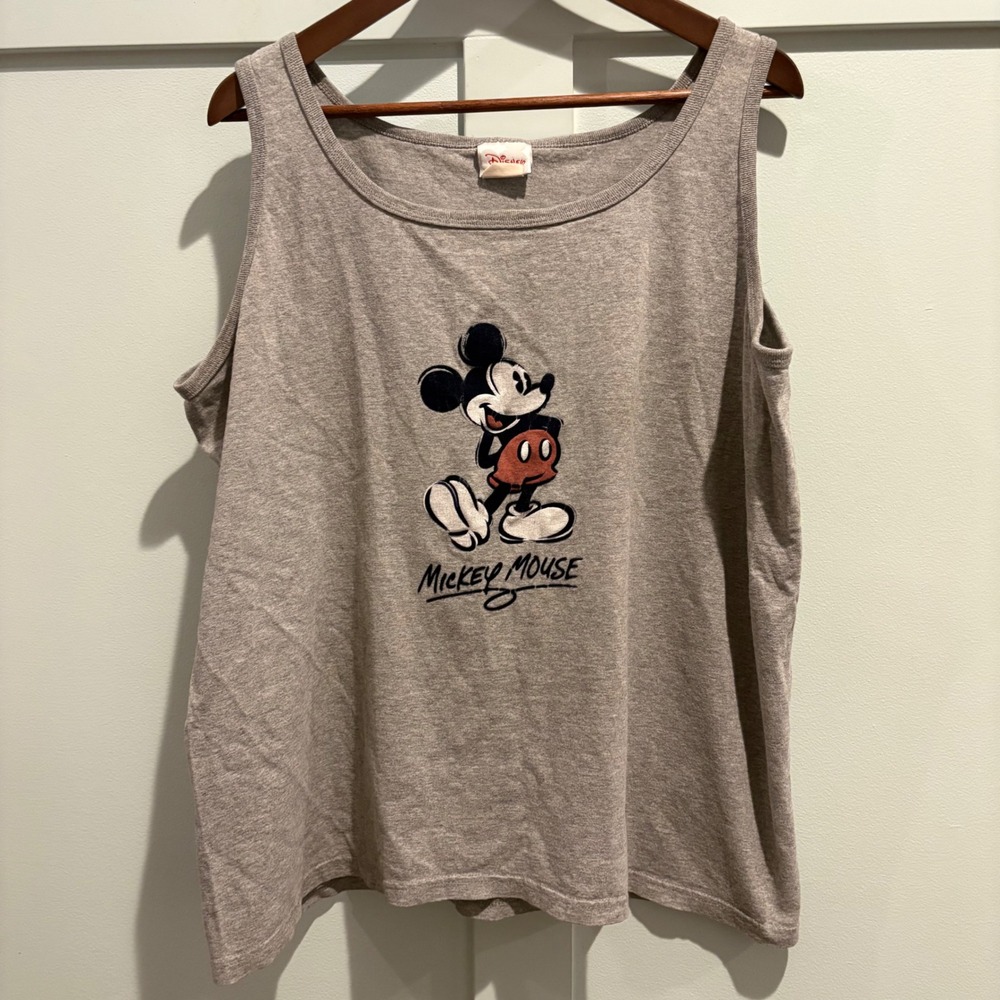Disney Store Y2K Mickey Mouse Tank Top XL Gray Flocked Graphic Sleeveless Shirt